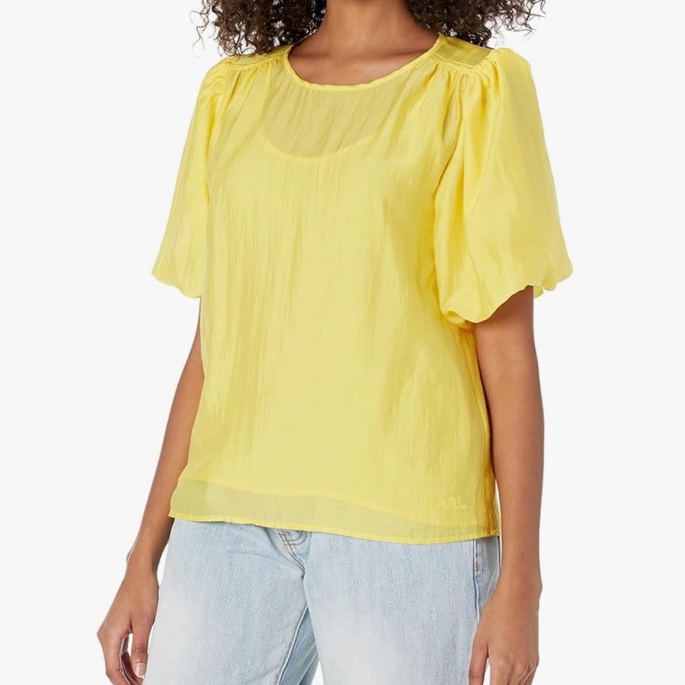 Karl Lagerfeld Paris Women's Puff Sleeve Organza Blouse Lemon Zest L